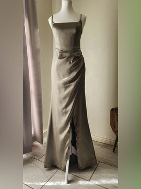Olive Satin Bias Maxi Dress with Side Ruching